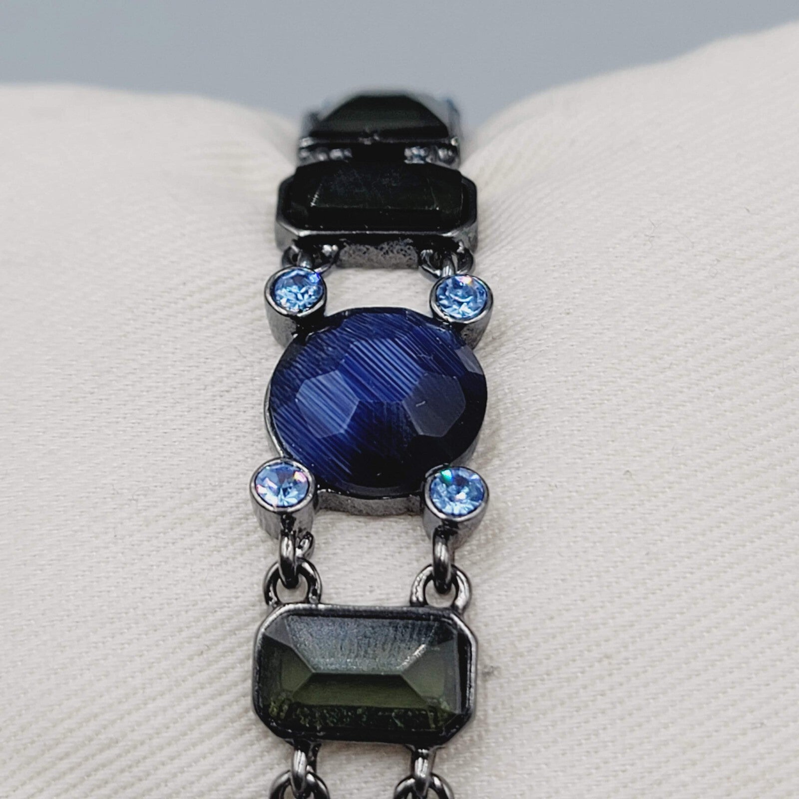 Black Metal Bracelet Dark Green Blue Rhinestones 7.25"