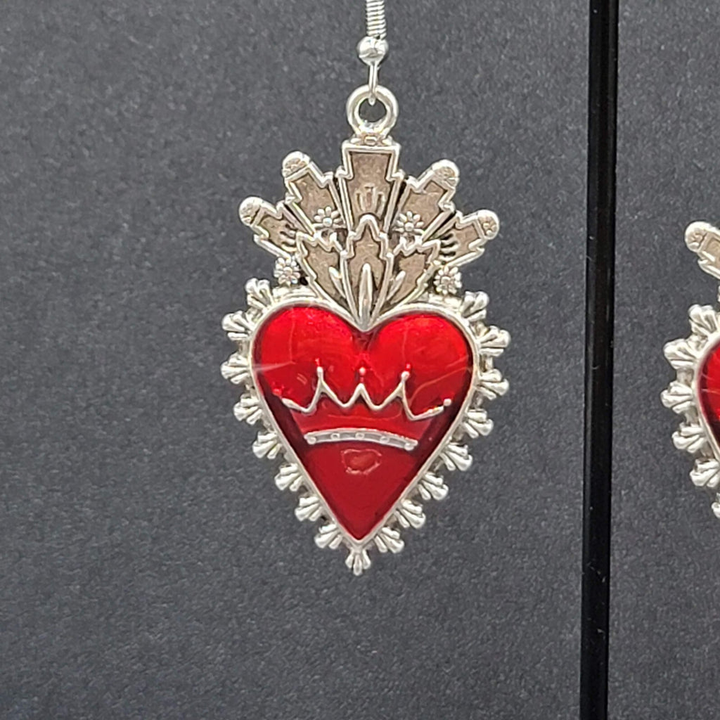 New Crown Heart Pierced Earrings Silver tone Red Goth Rock Dangle 1.75"