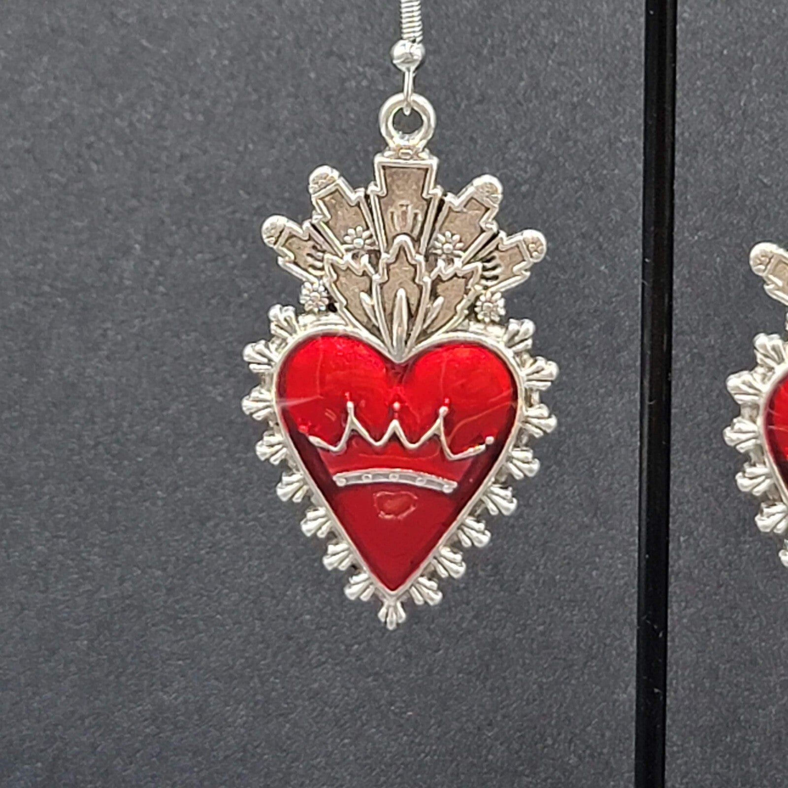 New Crown Heart Pierced Earrings Silver tone Red Goth Rock Dangle 1.75"