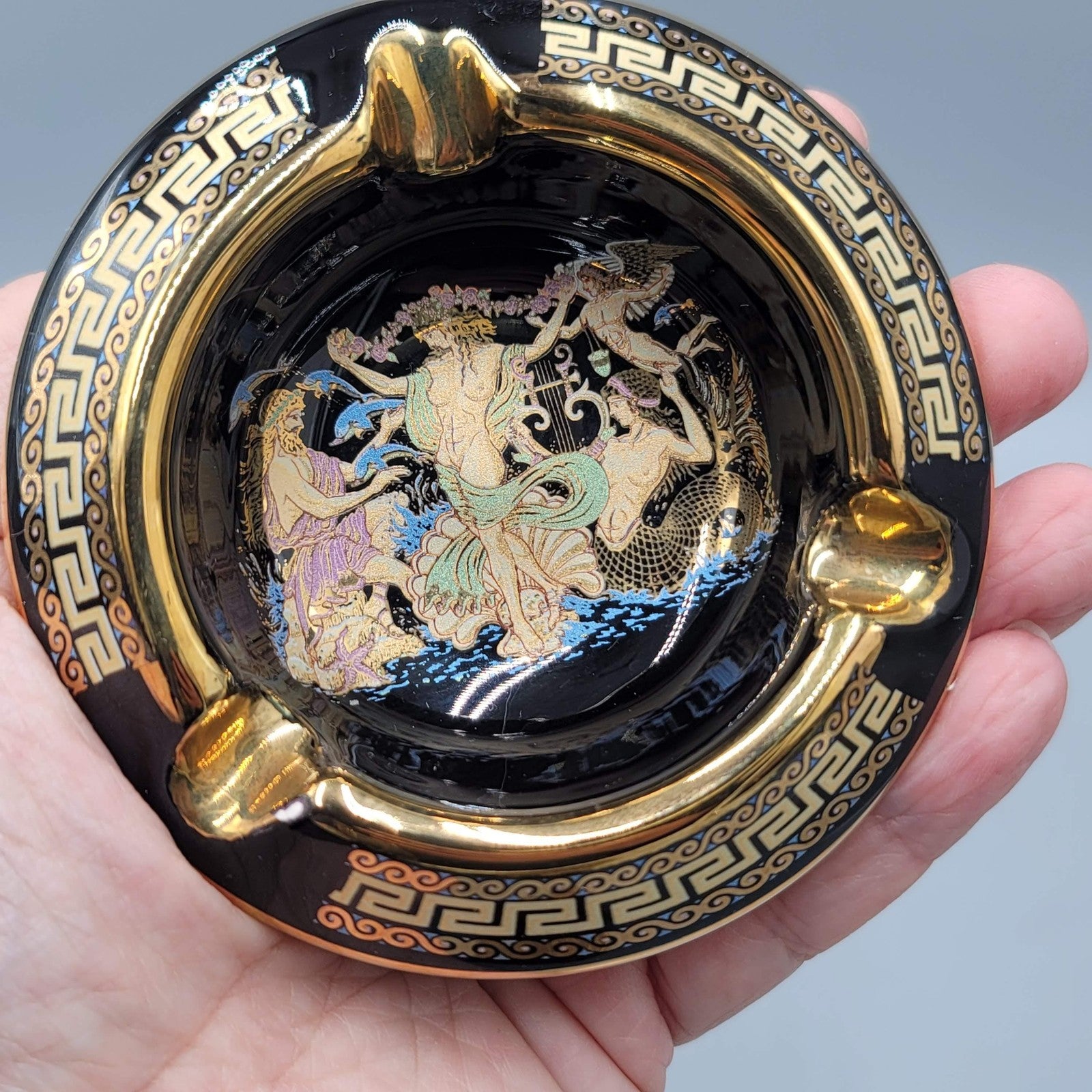 Greek Key Black Ceramic Ashtray Set of 2 24K Gold Hand Made in Greece Mythology