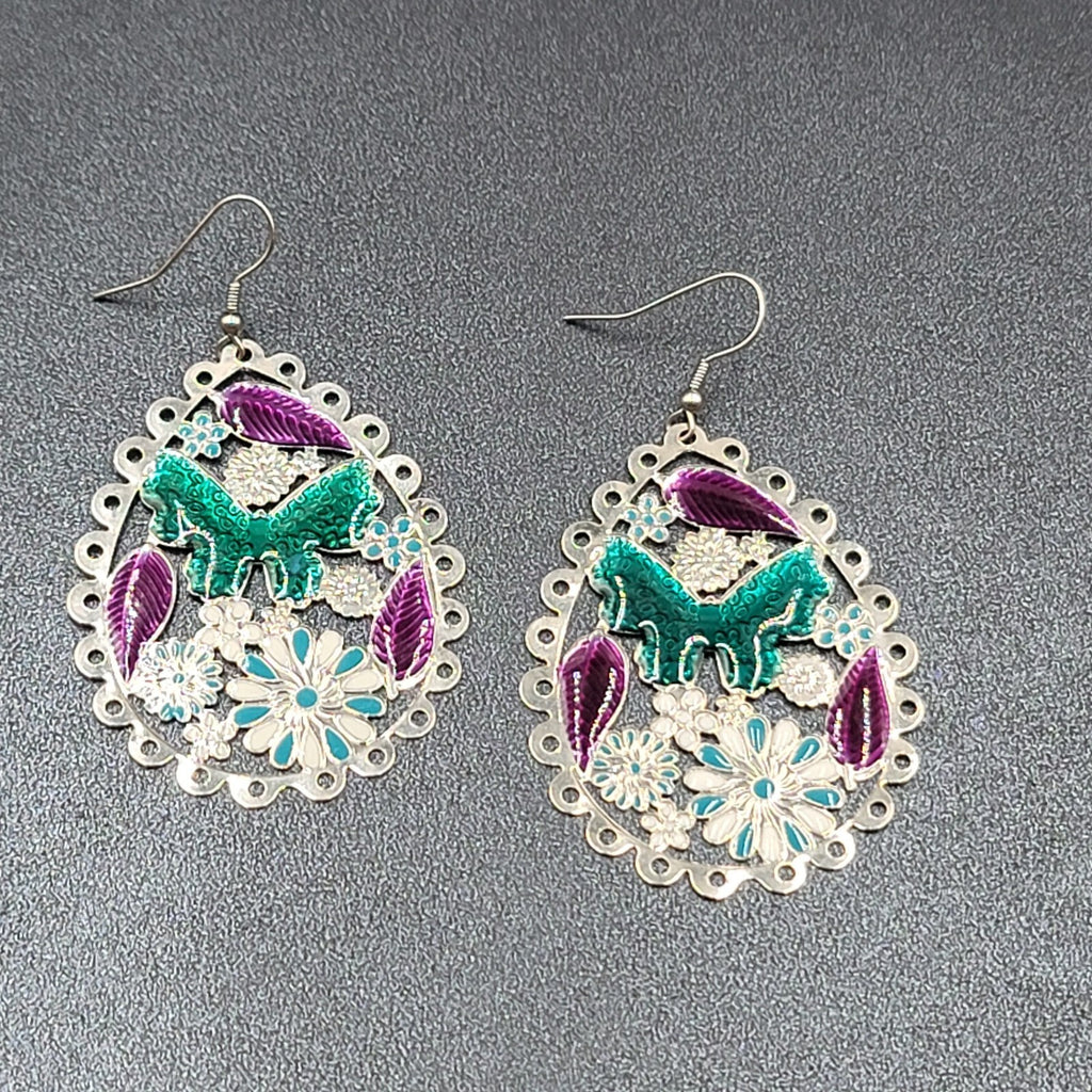 Pierced Earrings Large Silver tone Teardrop Butterfly Flowers Dangle 2.25"