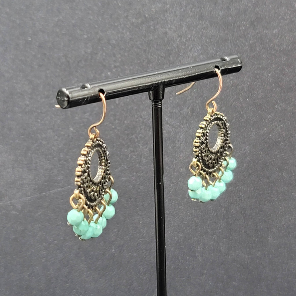 Pierced Earrings Bronze tone Blue Bead Medallion 1"
