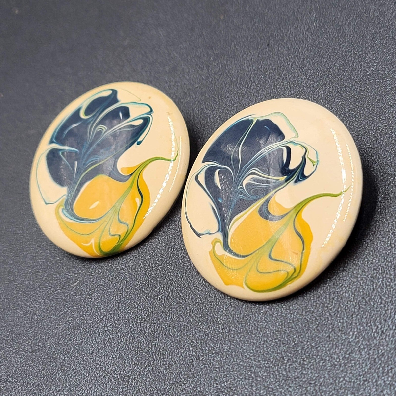 Vintage Pierced Earrings Large Round Yellow Blue Cream Enamel 1.75"