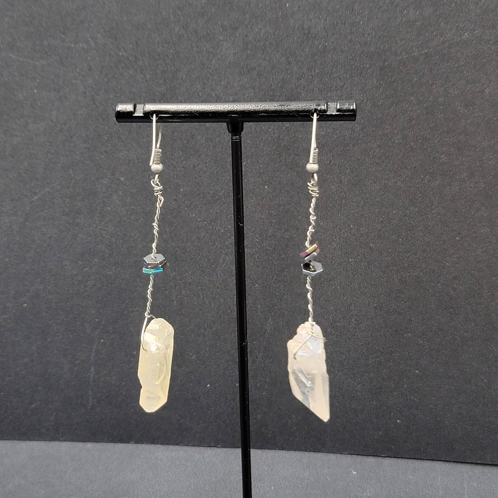 Artisan Crystal Pierced Earrings Boho Witchy Natural Dangle 2.75"