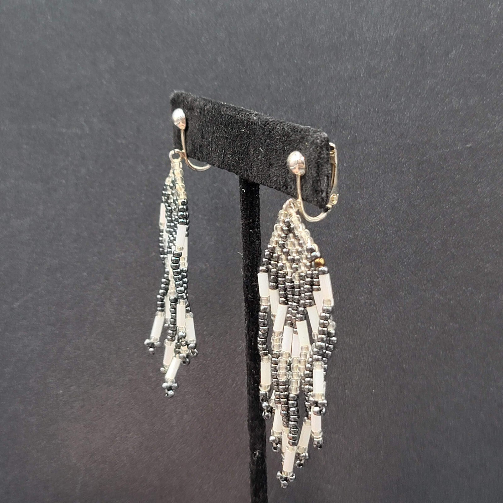 Vintage Clip on Earrings Seed Bead Weaved Dangle 2 3/8"