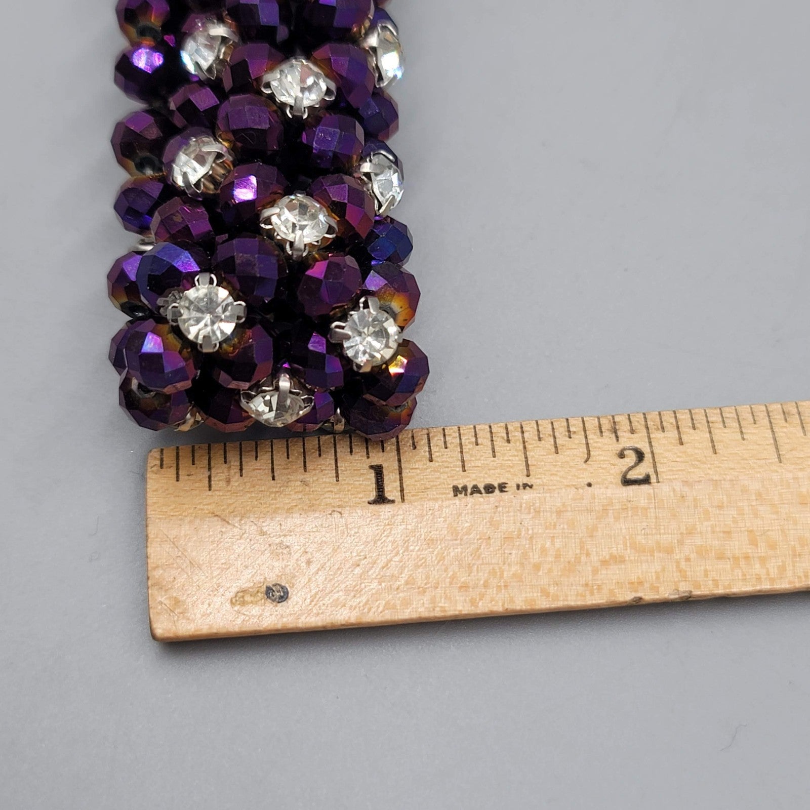 Purple AB Bead Rhinestone Bracelet Elastic Wide 7 in