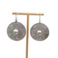 Mexico Engraved Silver tone Dangle Pierced Earrings Round 1.5"