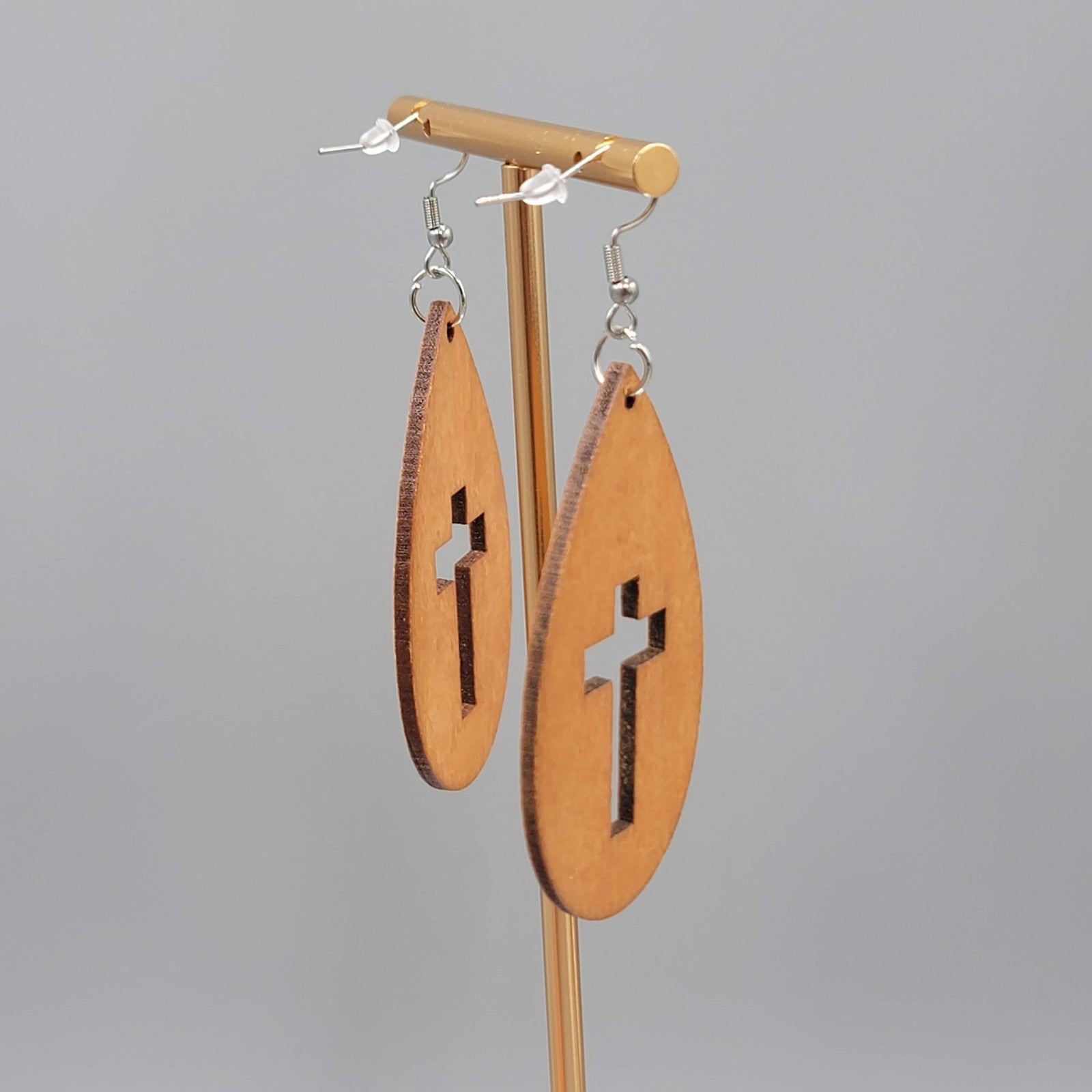 Wood Cut Large Boho Pierced Earrings Silver tone Dangle 2.25 in