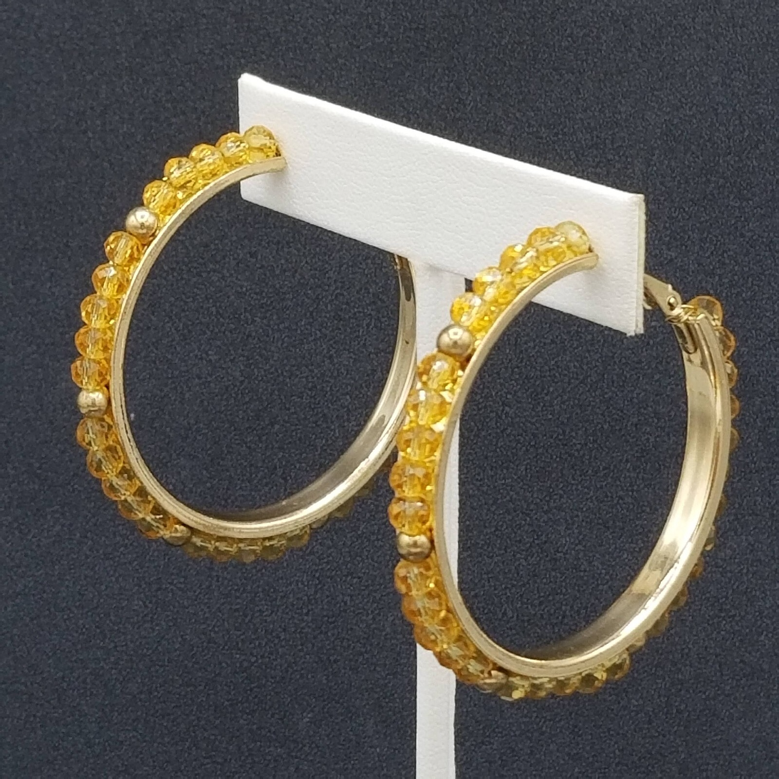 Pierced Earrings Gold tone Faceted Beaded Hoops 2"
