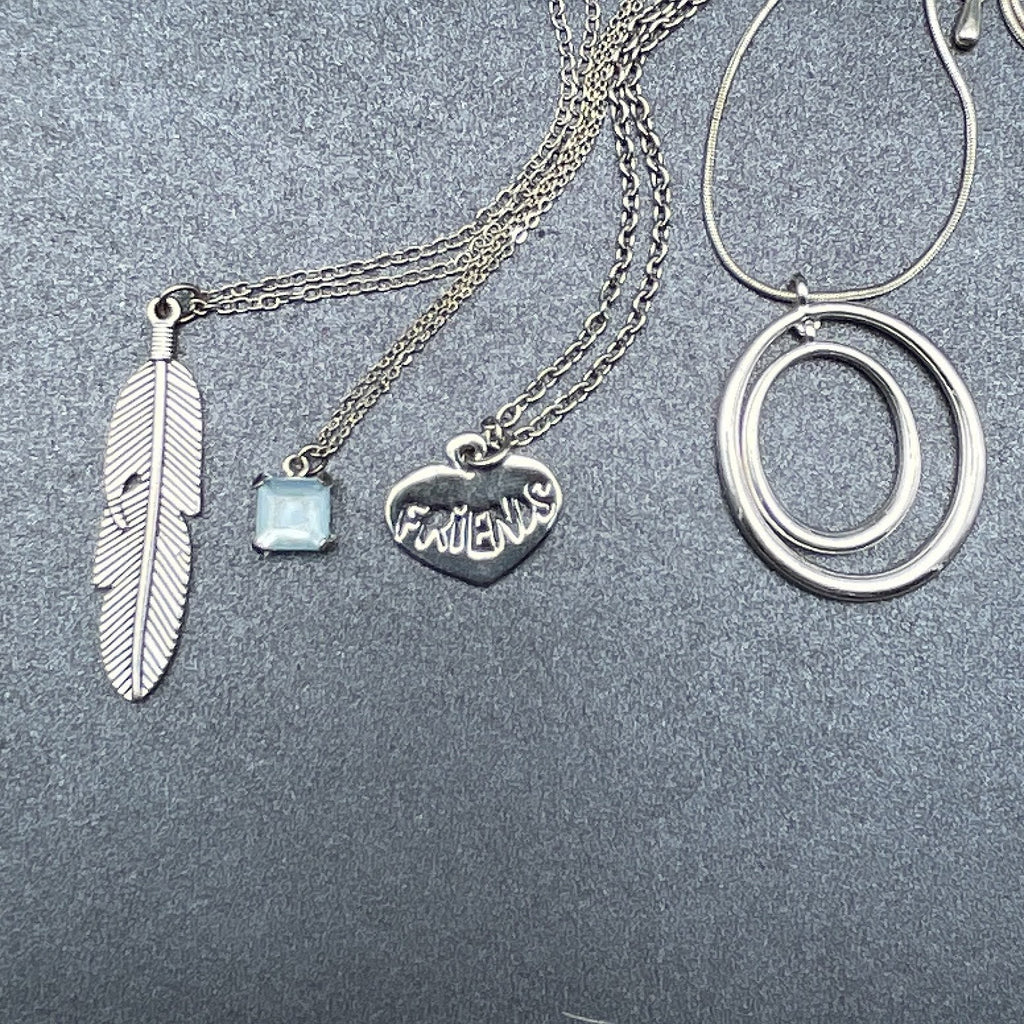 Lot of 4 Silver tone Chain Pendant Necklaces Feather Friends Blue Stone Circles