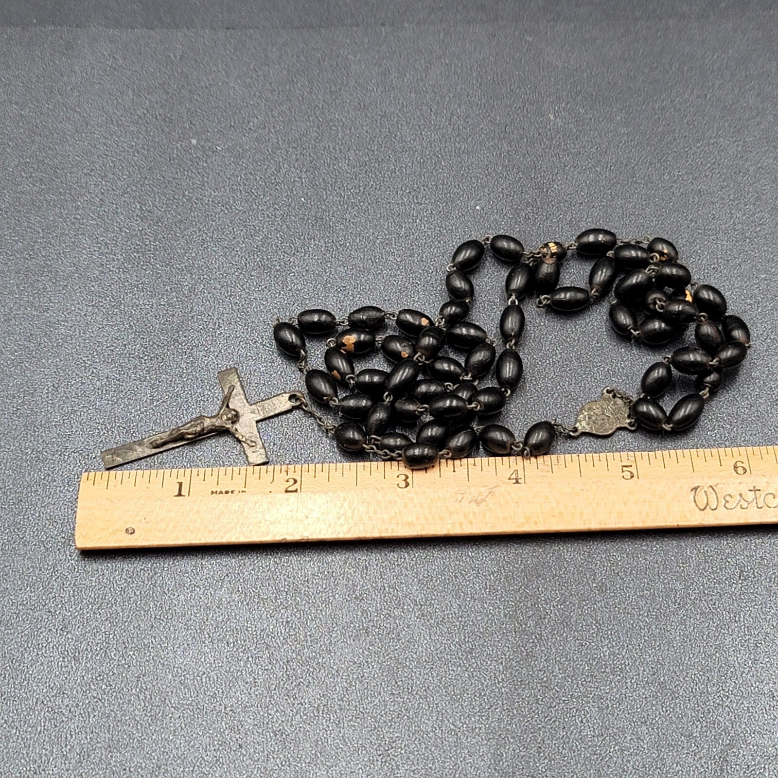 Vintage Black Seed Beaded Rosary Silver tone Well-Loved