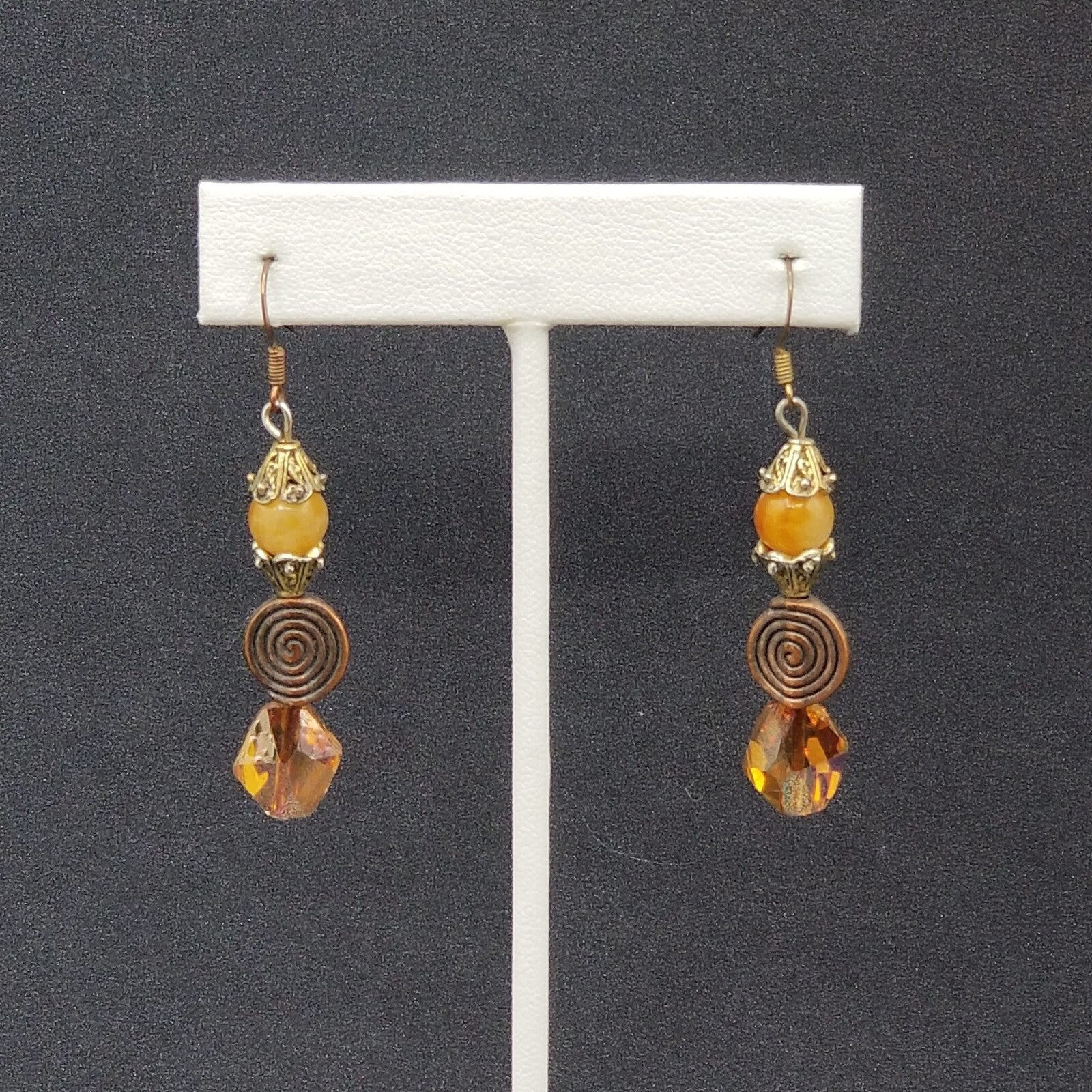 Pierced Earrings Coppertone Metal Faceted Crystal Beaded Dangle 1 1/2"