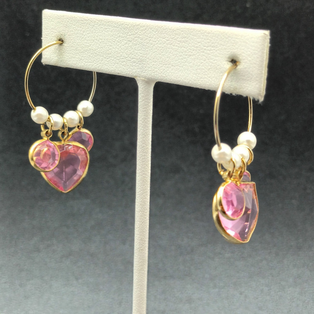 Pierced Earrings Gold tone Wire Faux Pearl Pink Faceted Acrylic Hoop 1 1/2"