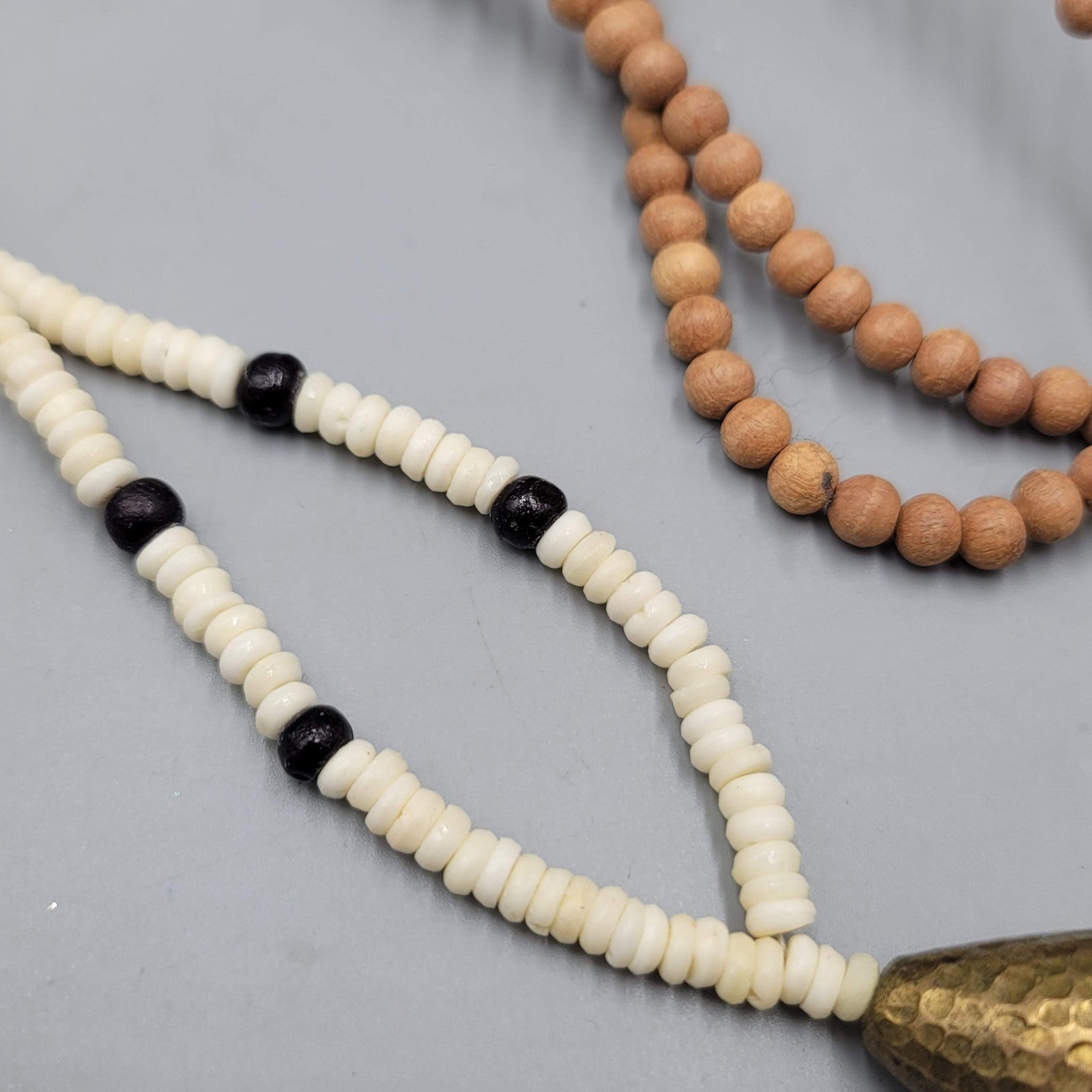 Long Wood and Cow Bone Bead Necklace Large Tassel Pendant 36 in
