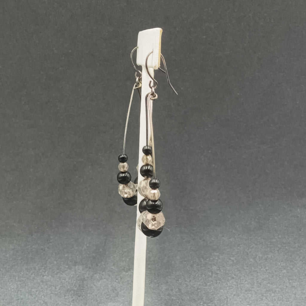 Pierced Earrings Gun Metal Gray Teardrop Wire Loop Acrylic Beaded Dangle 2"