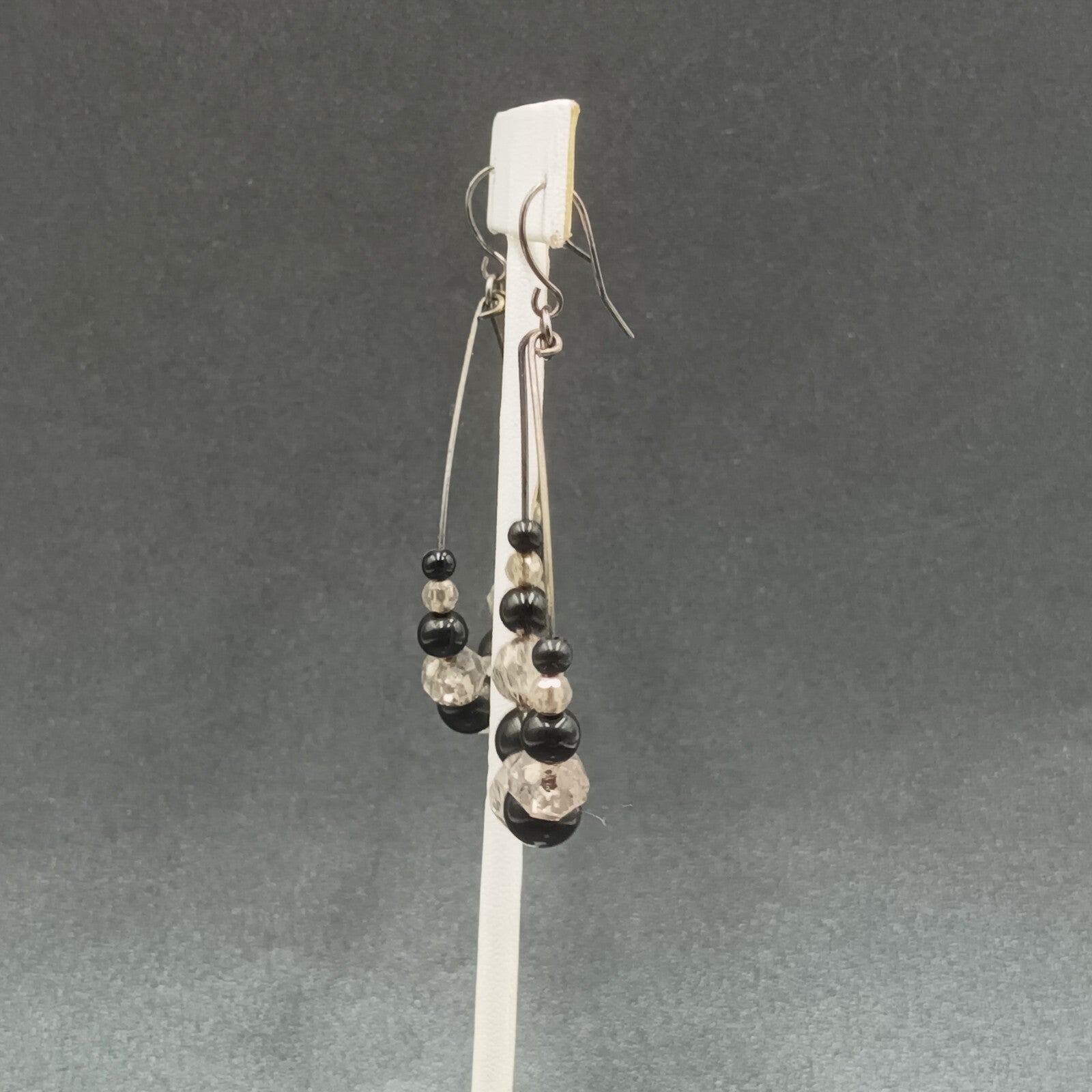 Pierced Earrings Gun Metal Gray Teardrop Wire Loop Acrylic Beaded Dangle 2"