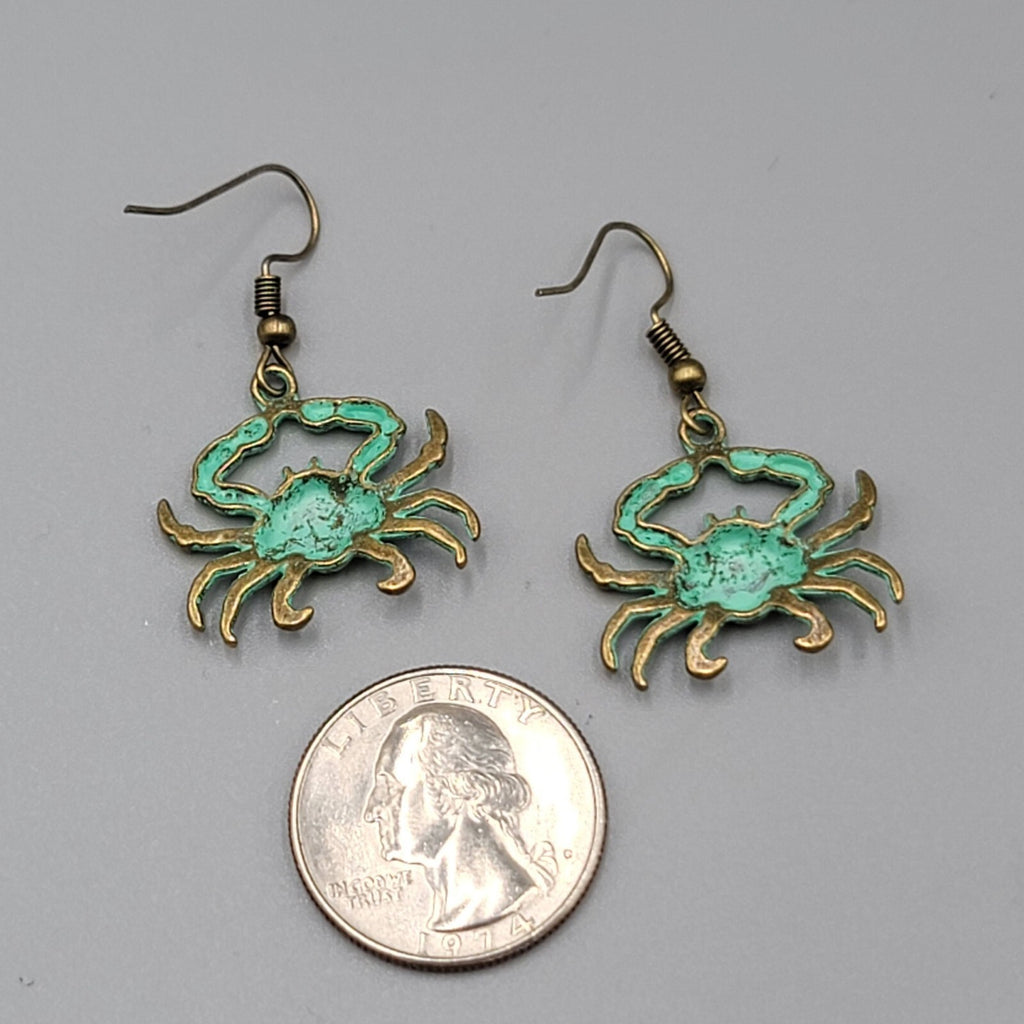 Crab Beach Sea life Pierced Earrings Bronze tone Green wash Dangle 7/8"