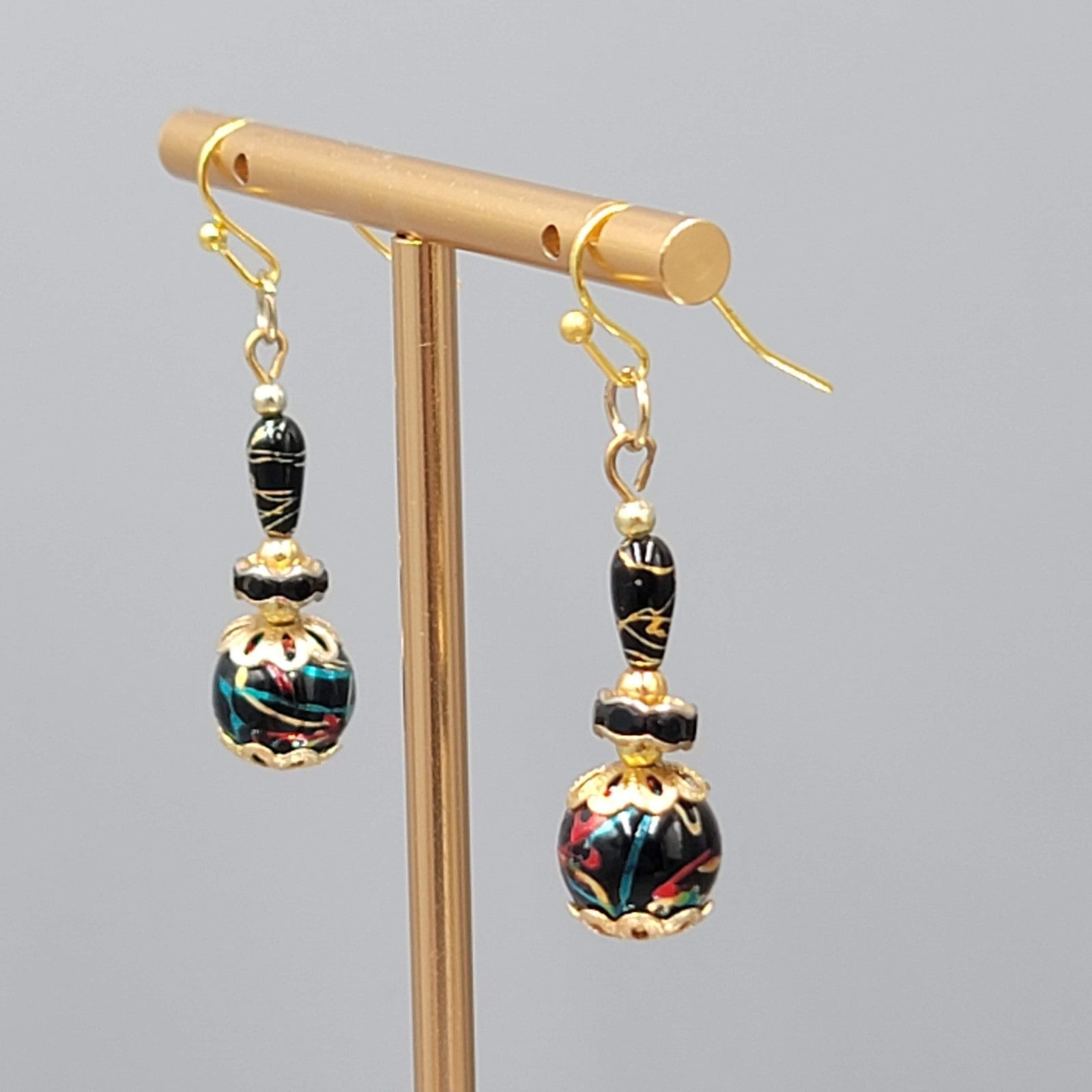 Black Bead Color Splatter Pierced Earrings Gold tone Dangle 1.5"
