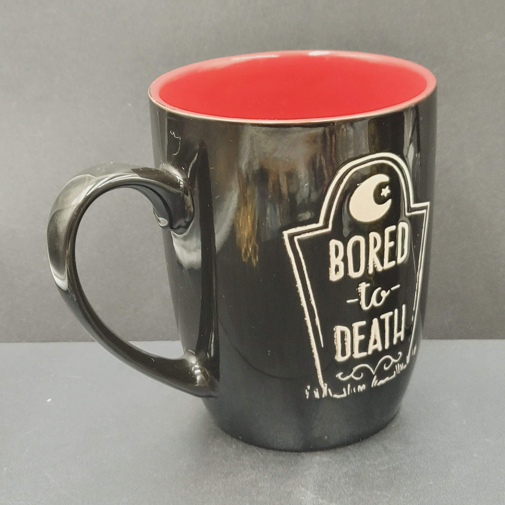 Bored to Death Coffee Mug Extra Black Embossed Dark Red Large 5.25"x4"