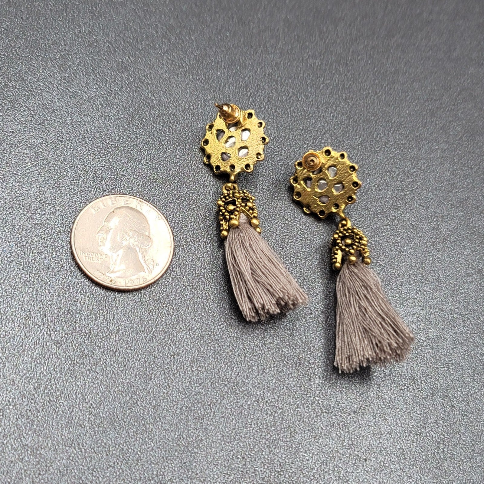 Boho Pierced Earrings Antiqued Gold tone Gray String Tassel 2"