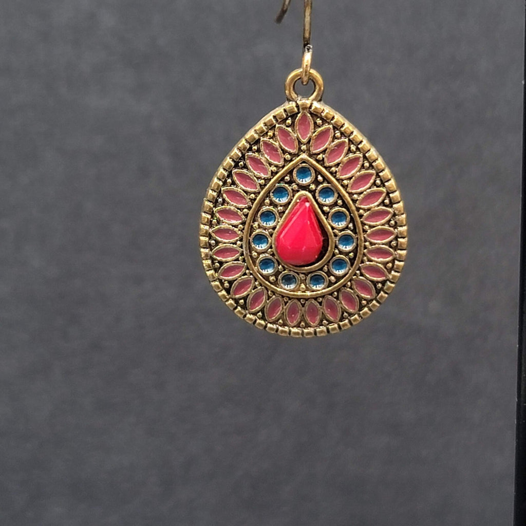 Boho Pierced Earrings Gold tone Teardrop Medallion Dangle 1"