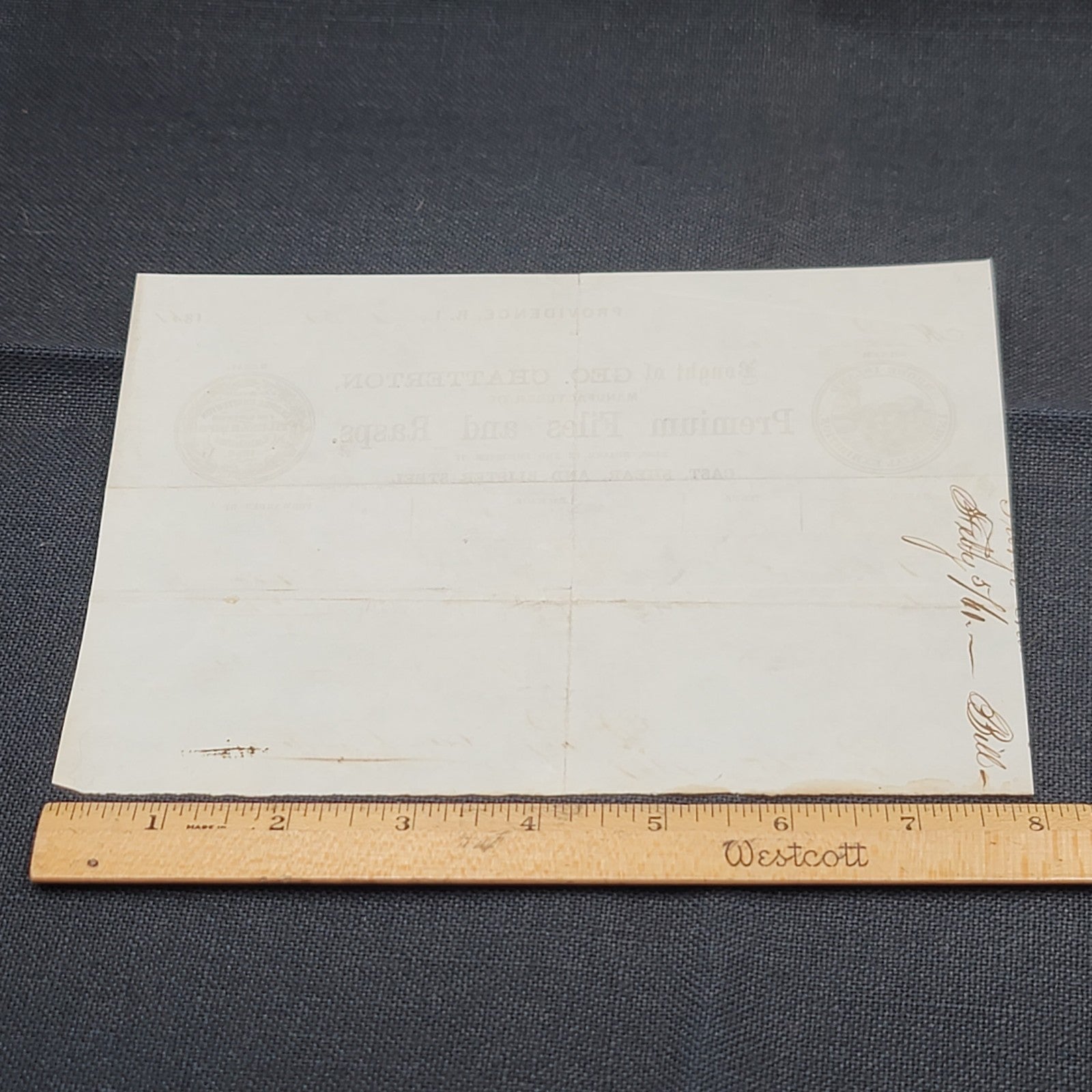 1861 Receipt for tools Geo Chatterton Files Rasps Rhode Island USA Antique