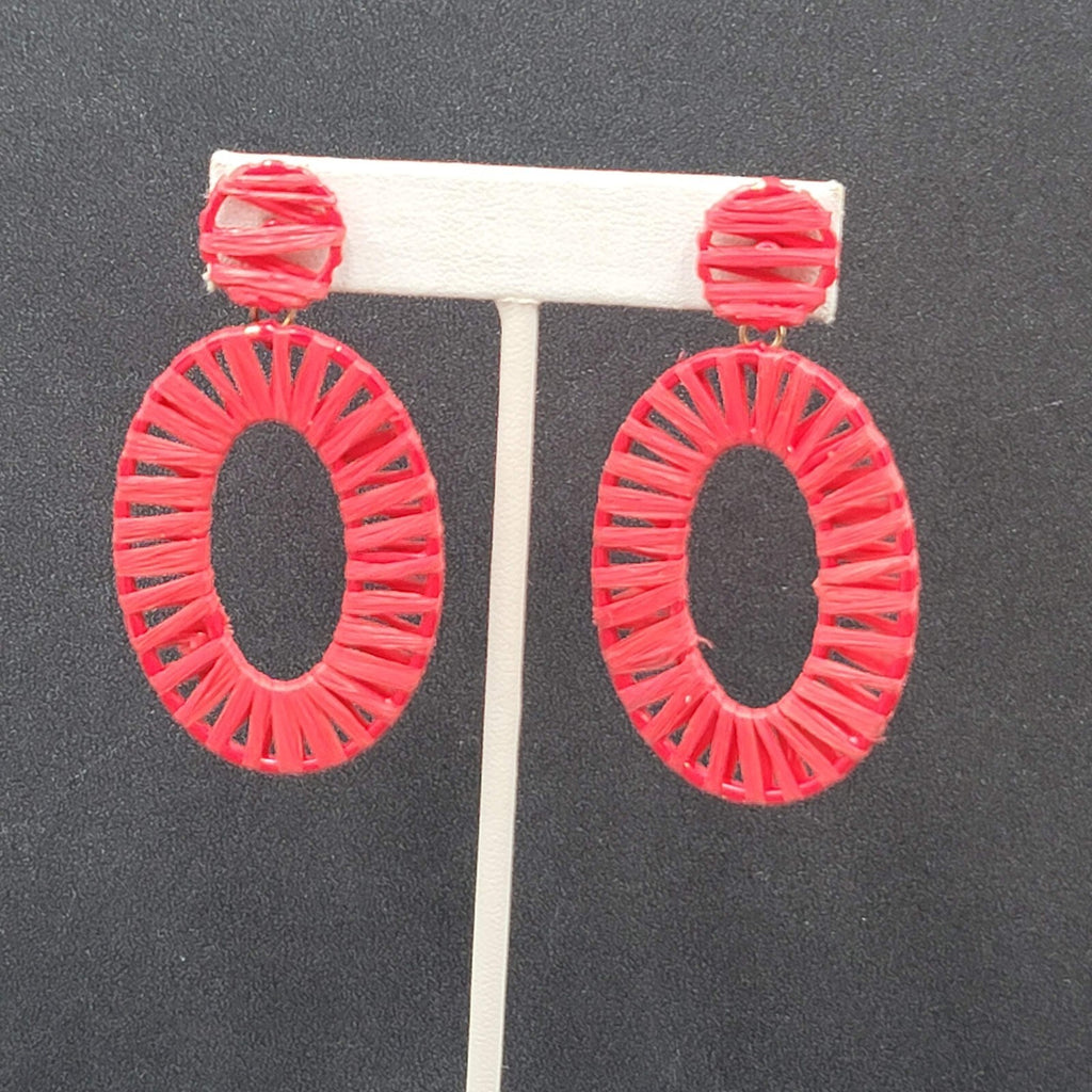 Pierced Earrings Red Rattan Dangle Hoops Statement 2.5"