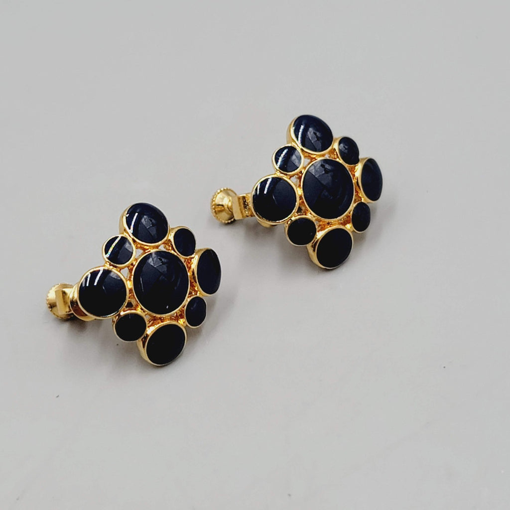 Vintage NAPIER Black Enamel Clip on Earrings Gold Plated Square 3/4 in