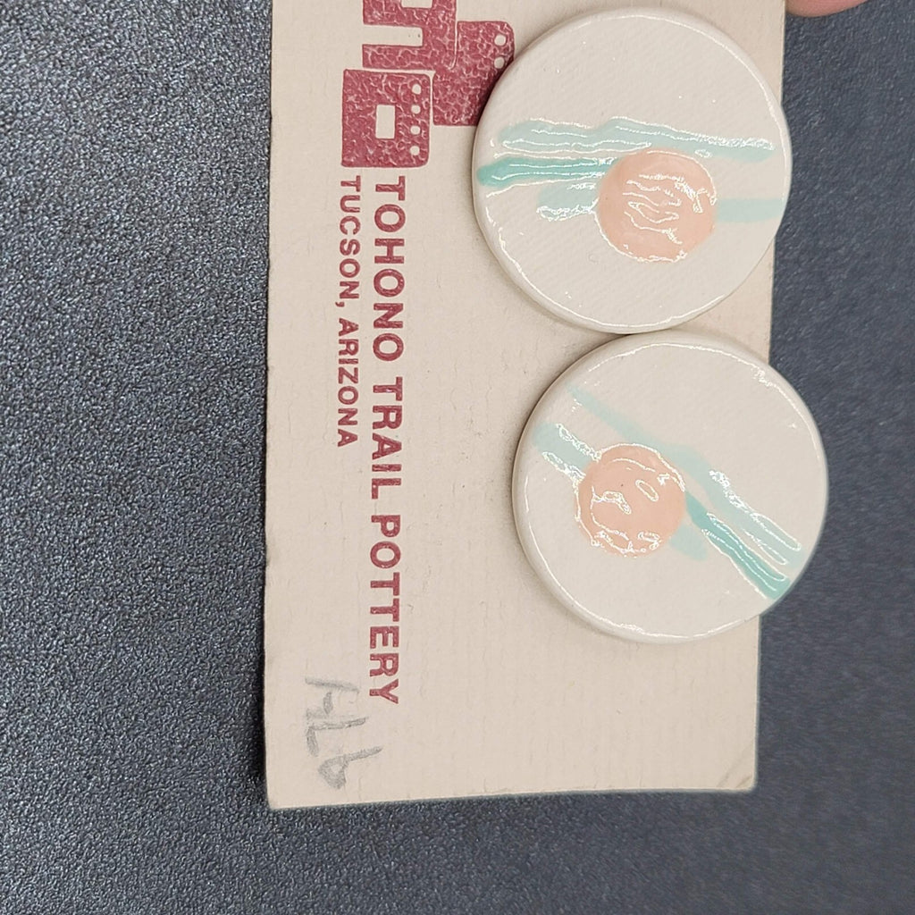 Vintage Tohono Trail Pottery Pierced Earrings White Peach Teal Discs 1.25"
