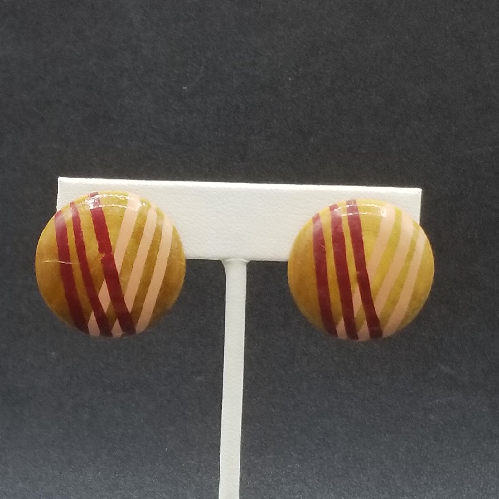 Vintage Clip on Earrings Pink Red Painted Wood Dome Button Statement Stud 1"