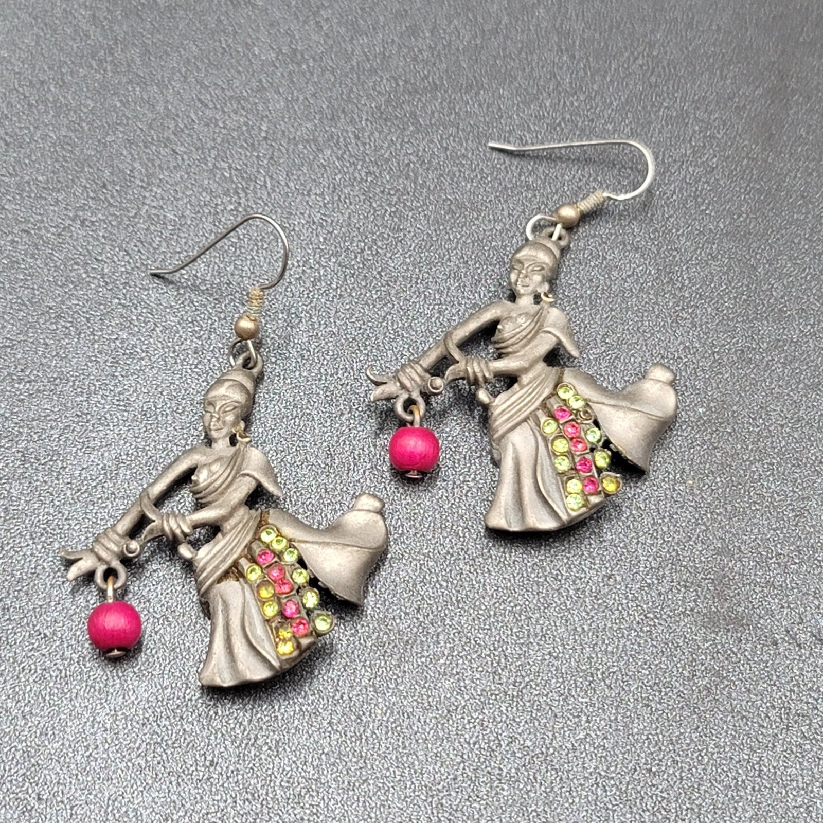 Vintage Dancer Pierced Earrings Lady Pewter Rhinestone 1.75"