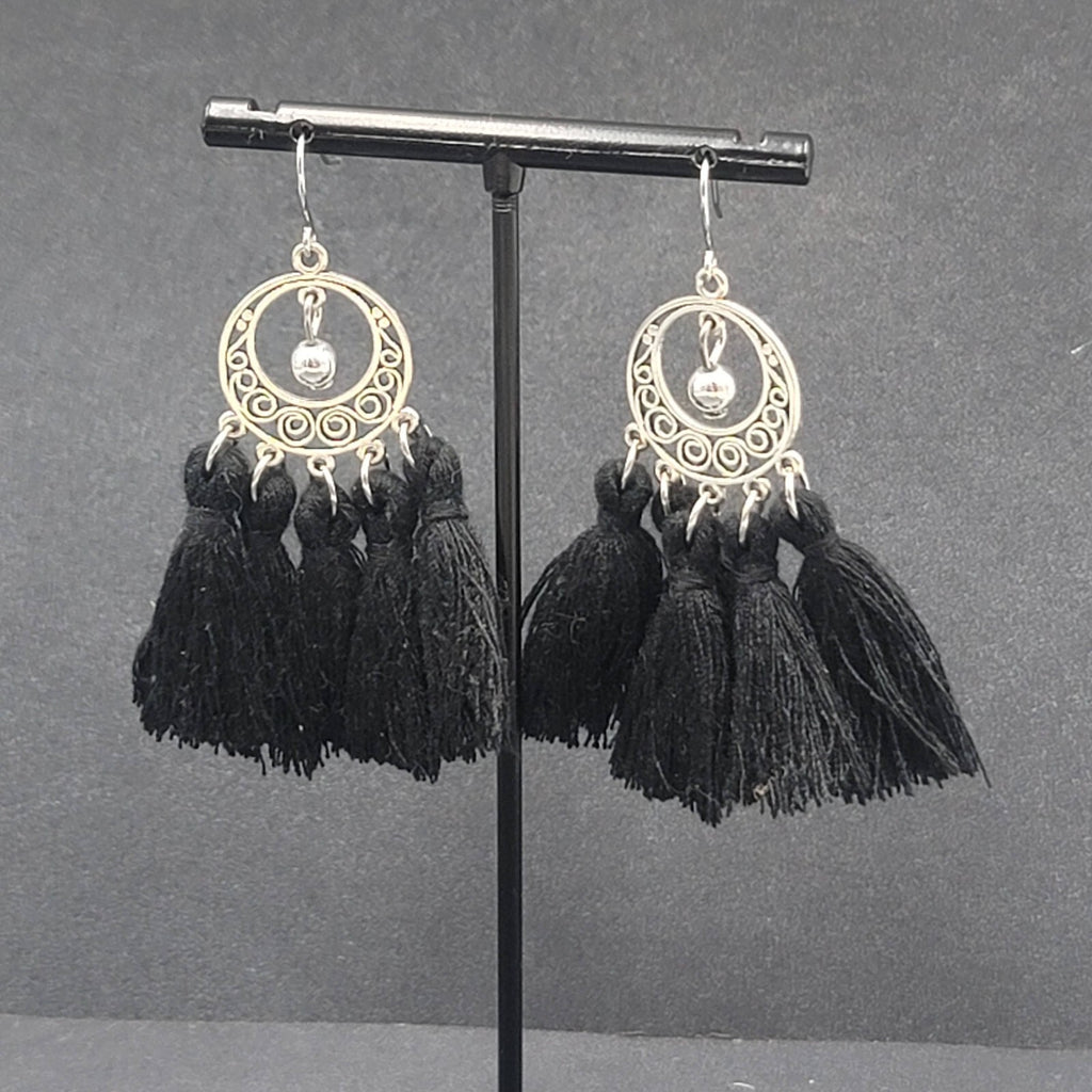 Pierced Earrings Silver tone Black String Tassel Dangle 2.25"
