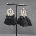 Pierced Earrings Silver tone Black String Tassel Dangle 2.25"