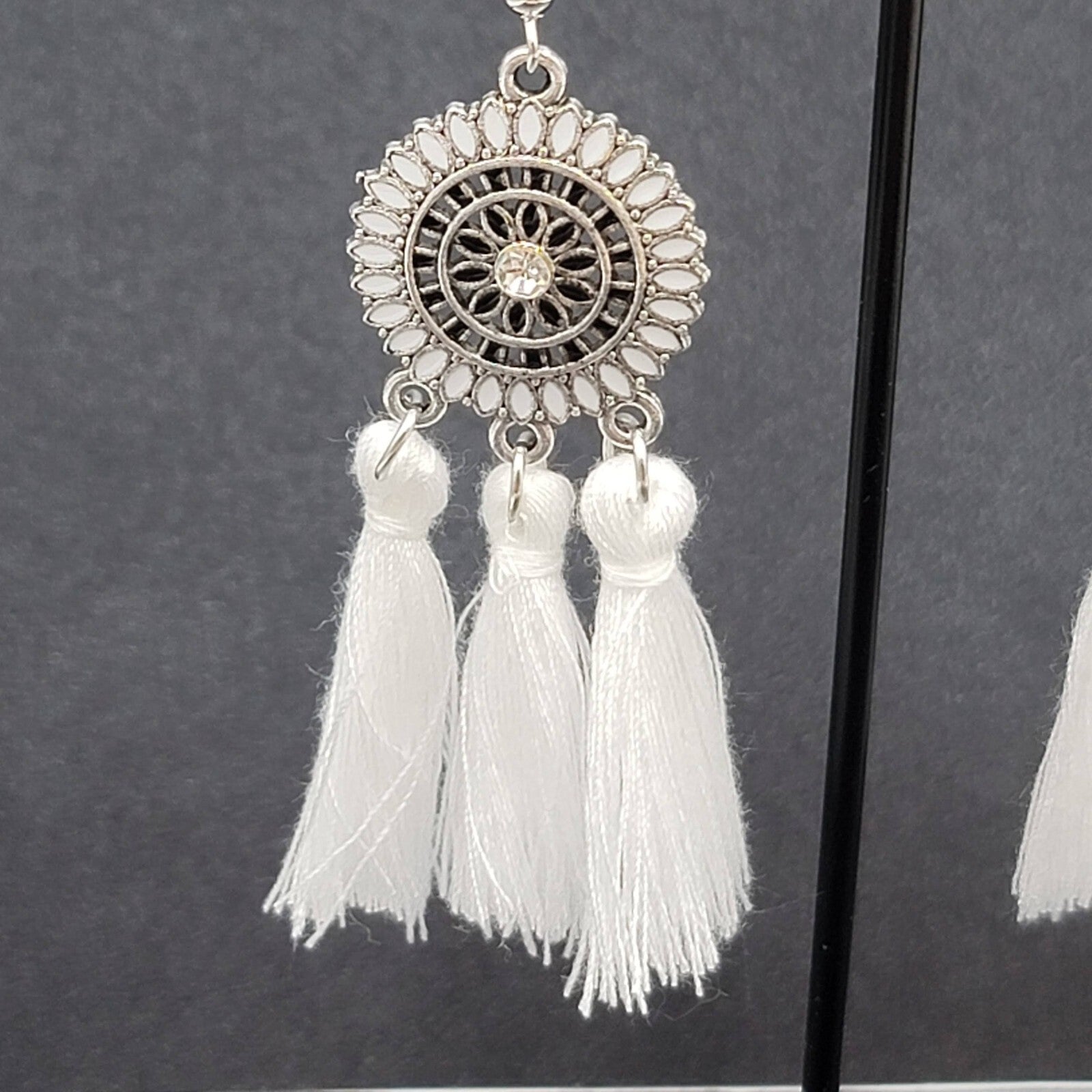 Pierced Earrings Silver tone Enamel Medallion Round Dangle White Tassel 2.5"