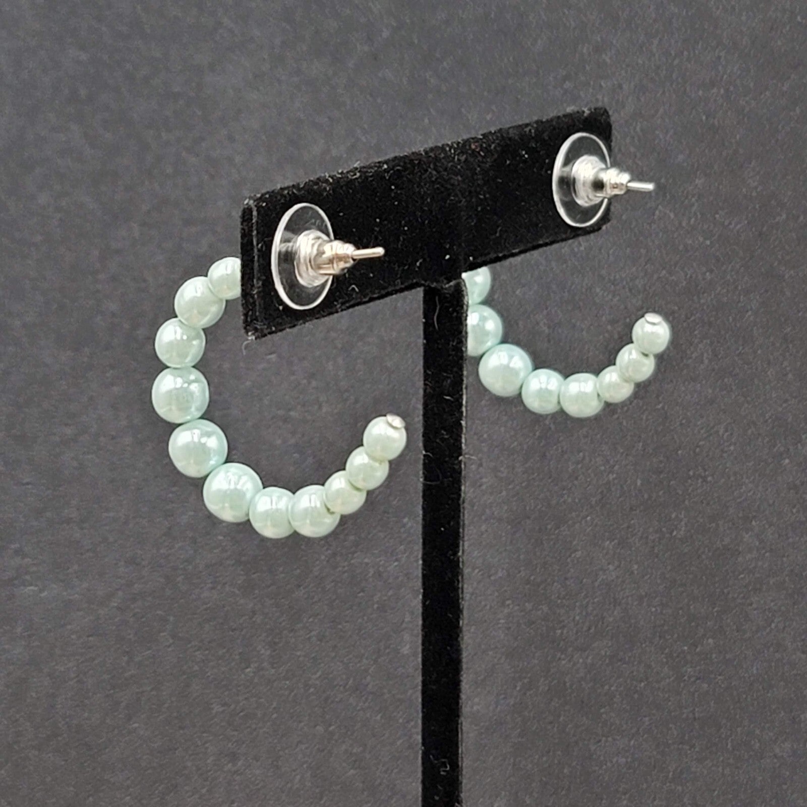 Vintage Pierced Earrings Baby Blue Graduated Beaded Hoops 1"