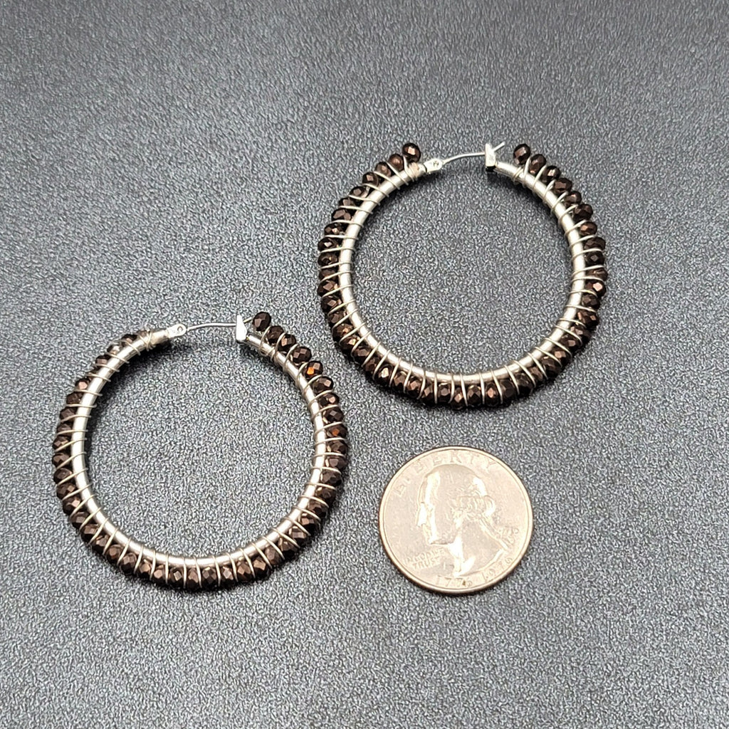 Pierced Earrings Silver tone Brown Glass Beaded Hoops 1.75"