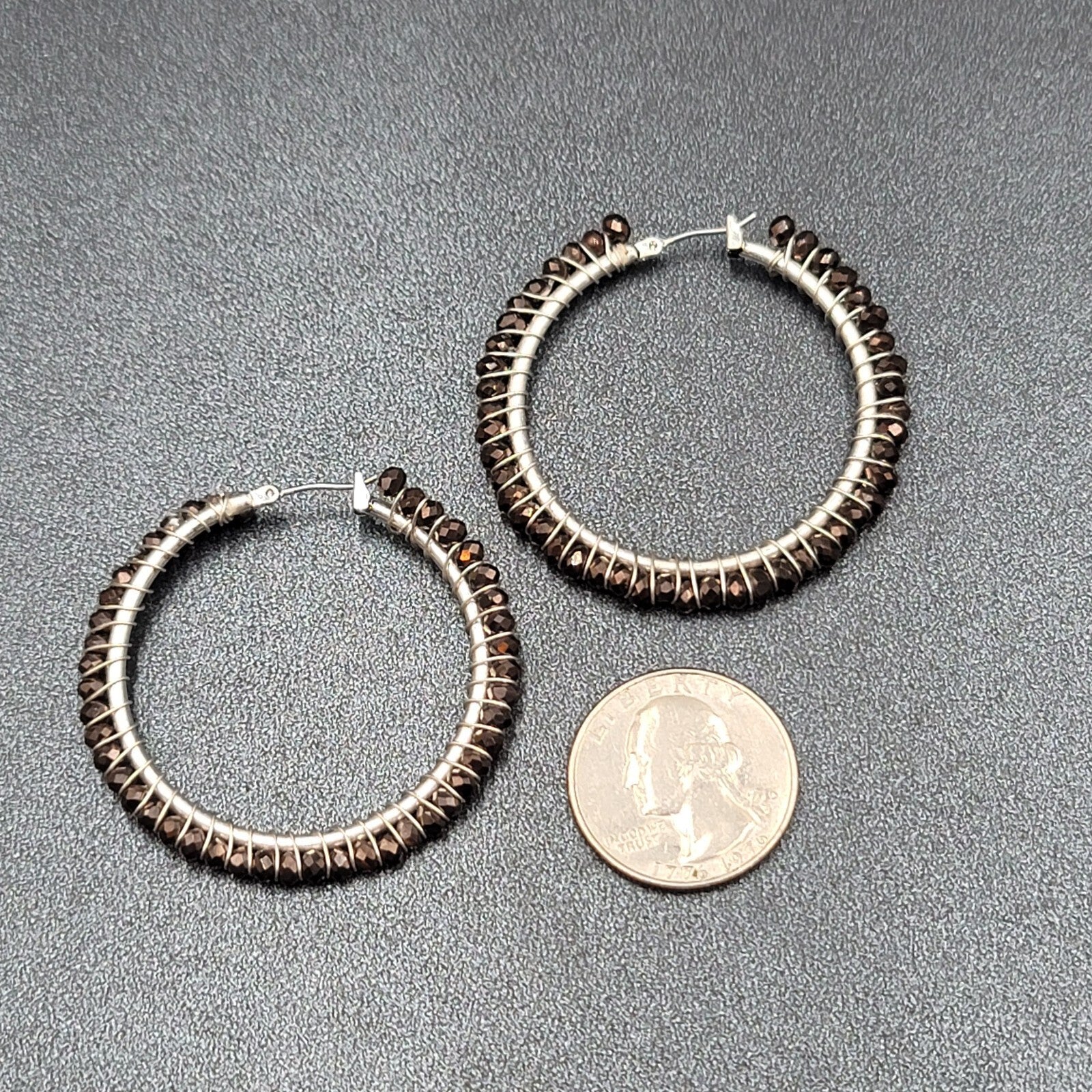 Pierced Earrings Silver tone Brown Glass Beaded Hoops 1.75"