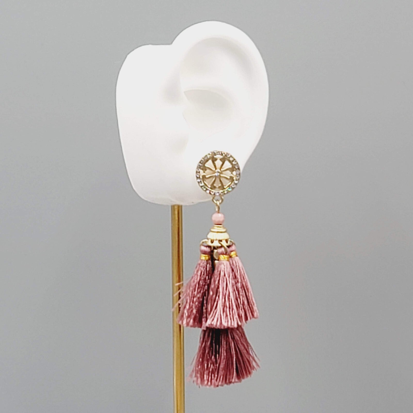 Pink Tassel Pierced Earrings Gold ton e Crystal Dangle 3"