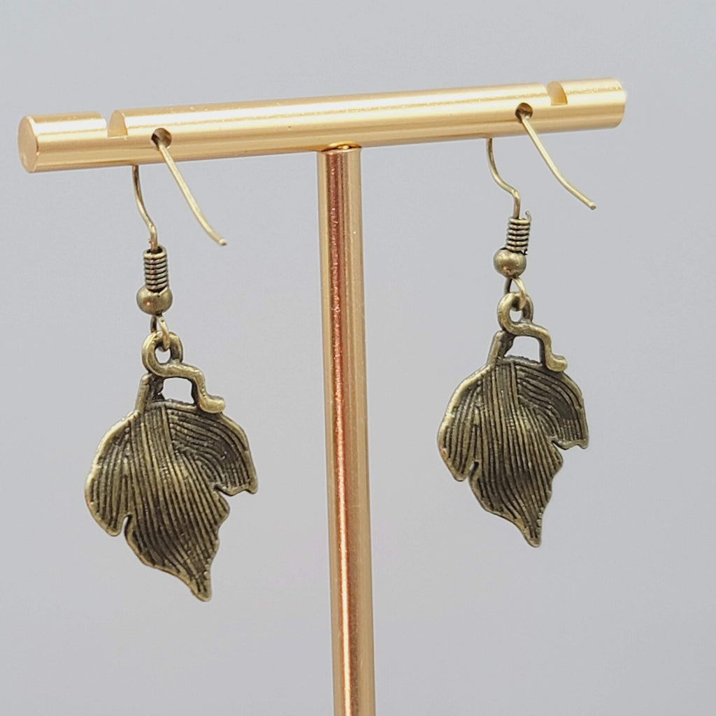 Autumn Leaf Embossed Pierced Earrings Bronze tone Dangle 1"