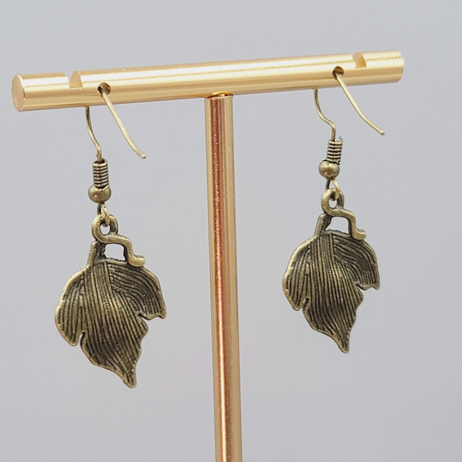 Autumn Leaf Embossed Pierced Earrings Bronze tone Dangle 1"