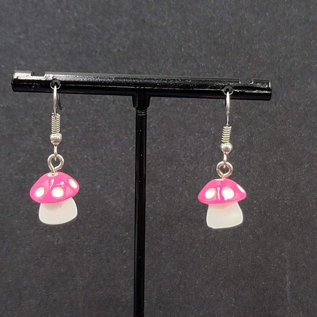 Pink Mushroom Pierced Earrings White Polka Dots Dangle 5/8"