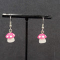 Pink Mushroom Pierced Earrings White Polka Dots Dangle 5/8"