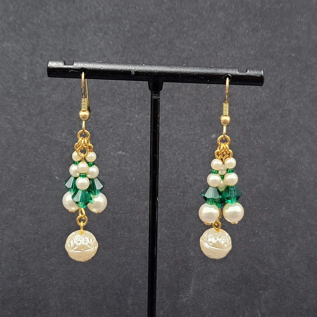 Vintage Pierced Earrings Faux Pearl Green Crystal Beads Dangle 1.5"