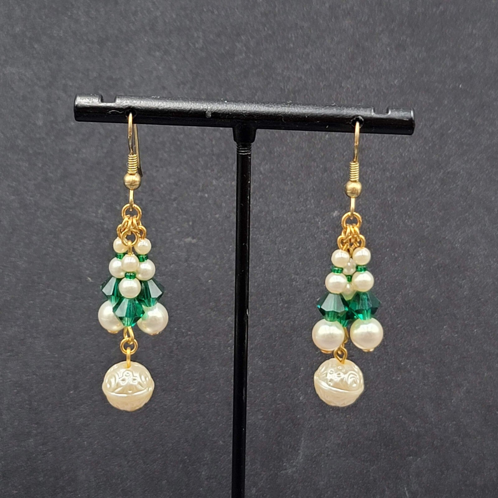 Vintage Pierced Earrings Faux Pearl Green Crystal Beads Dangle 1.5"