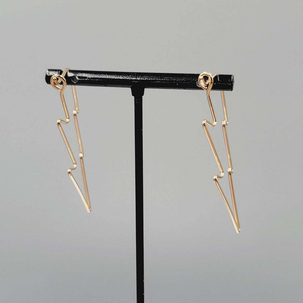 Lightning Bolt Pierced Earrings Wire Gold tone Drop Statement 2"