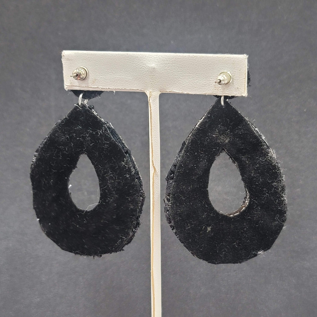 Pierced Earrings Black Felt Seed Beaded Rhinestone Runway Dangle 3"