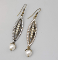 Faux Pearl Rhinestone Long Pierced Earrings Bronze tone Dangle 2 in