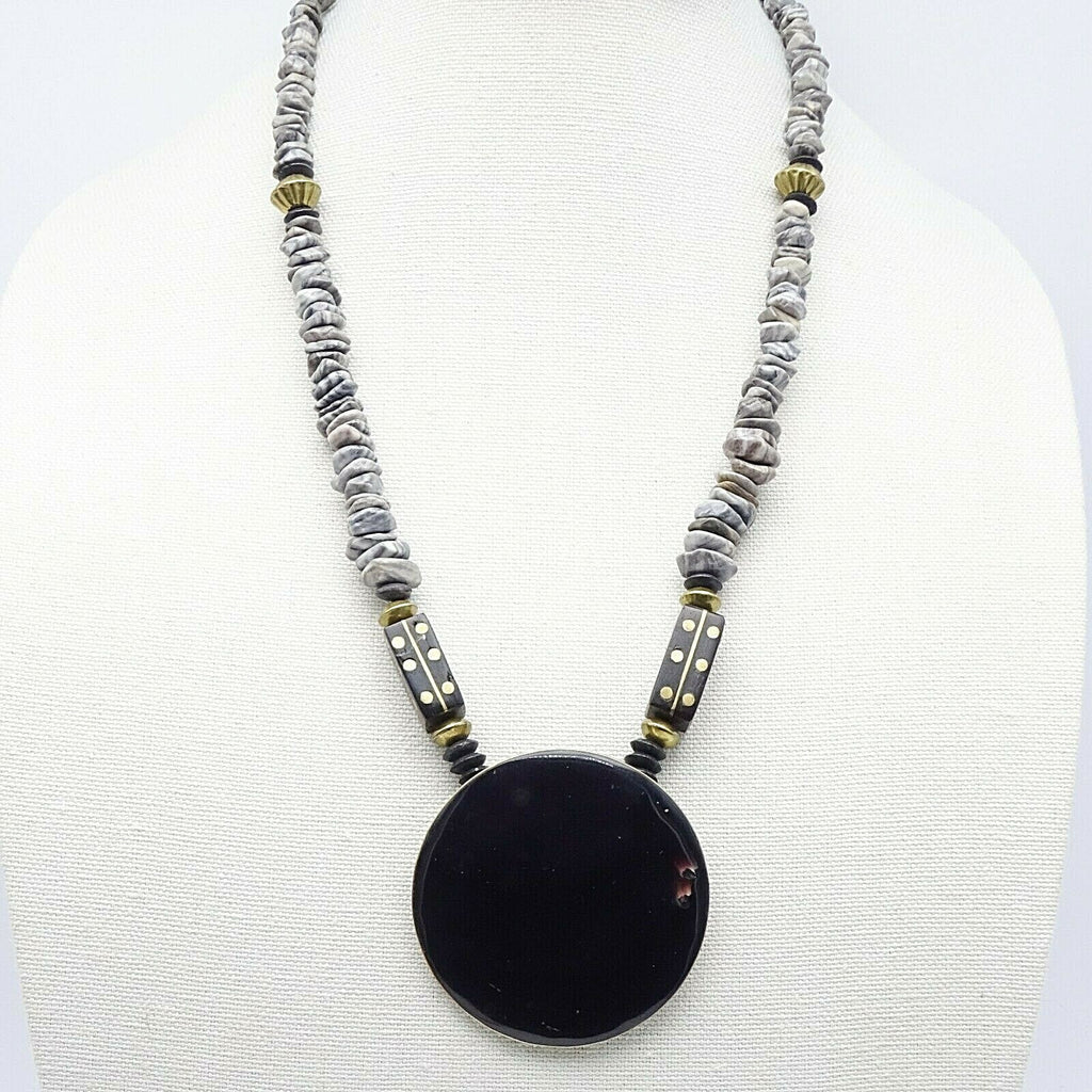 Boho Ethnic Necklace Gray Stone Beads Enamel Brass Inlay Pendant 24"
