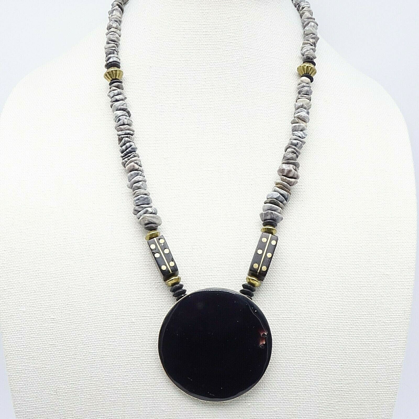 Boho Ethnic Necklace Gray Stone Beads Enamel Brass Inlay Pendant 24"