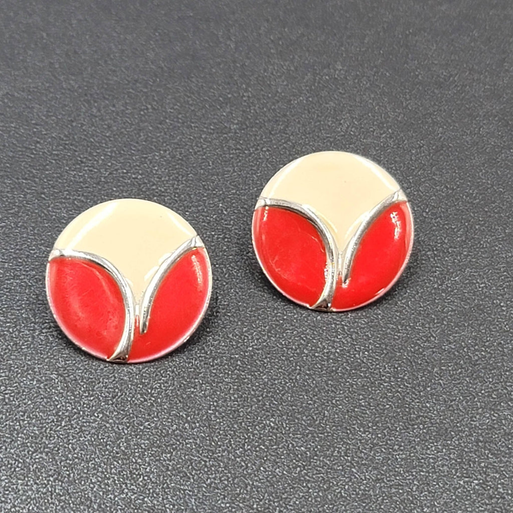 Vintage Pierced Earrings Silver tone White Red Enamel Disc Studs 7/8"